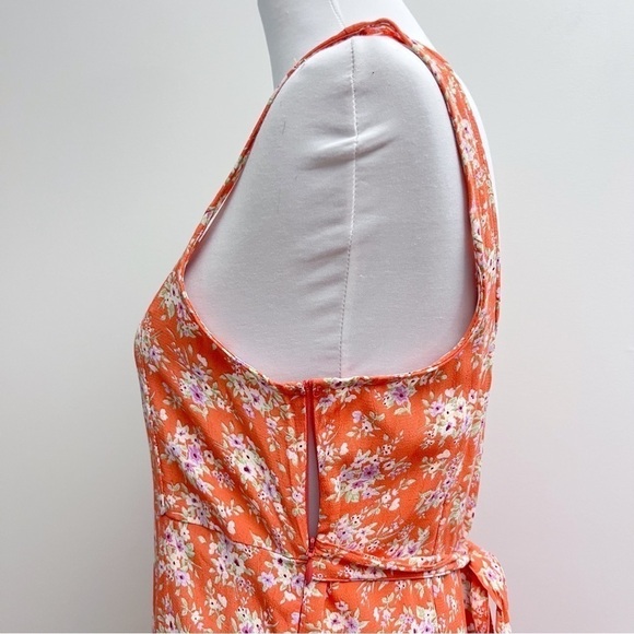 American Eagle Orange Ditsy Floral Scoop Neck Tie Waist Casual Mini Dress - Picture 4 of 9